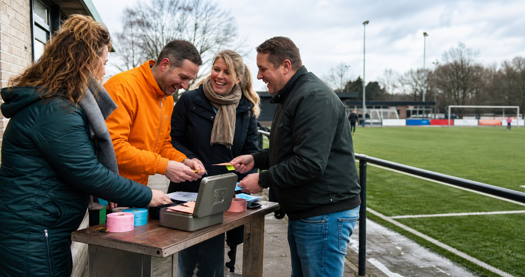 Vrijwilligers verkopen loten naast een voetbalveld